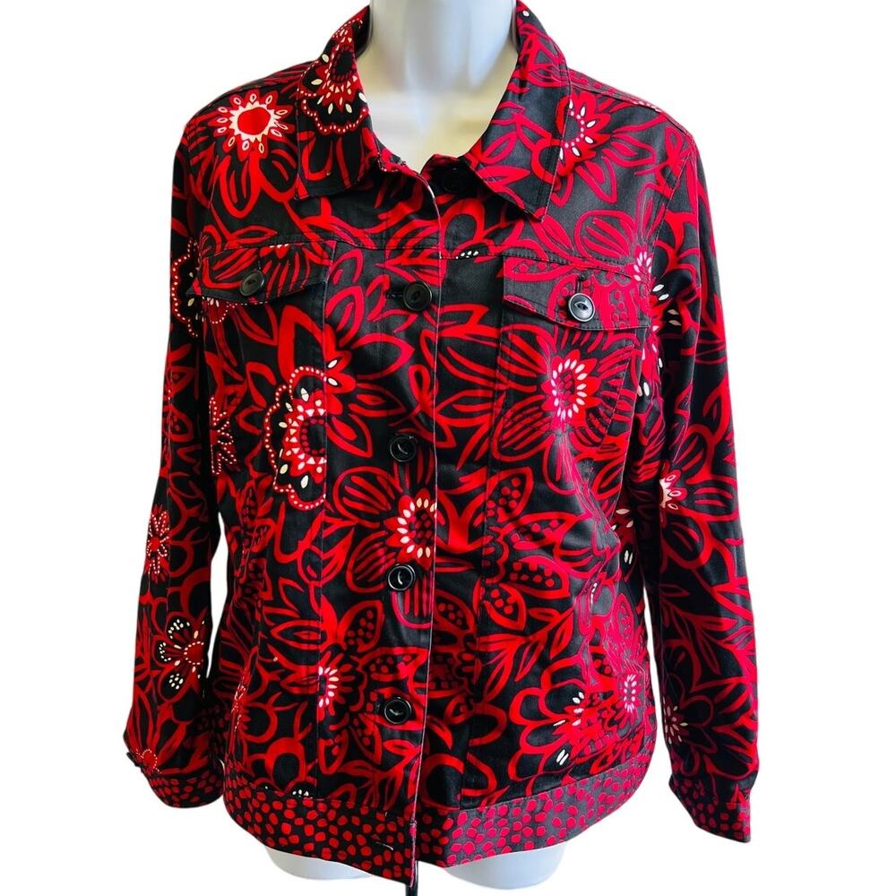 Laura Ashley L Red Black Floral Print Button Jacket Retro Y2K Statement Coat
